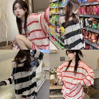 🍓 เสื้อแขนยาว ไหมพรม  คอกลม ดีเทลลายทาง เท่ไม่เ หมือนใคร สินค้าพร้อมส่ง ( M5813 )