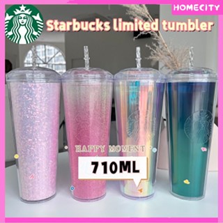 Ready Colorful Aurora Starbucks Tumbler ขวดน้ำนำกลับมาใช้ใหม่ Brilliant Starbucks Water Cup พร้อมฝาปิดและฟาง710Ml/24Oz Coffee Cold Cup