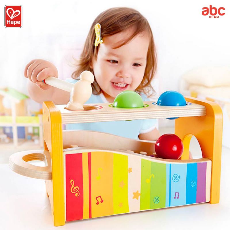 Hape - Toddler Music เครื่องตีจังหวะดนตรี Pound and Tap Bench (12M+) Xylophone ค้อนตีลูกบอล - E0305