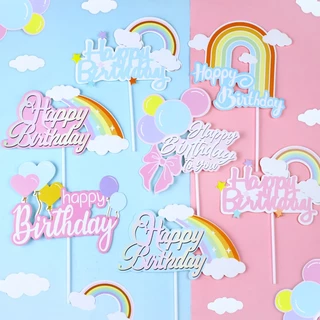 ป้ายปักตกแต่งเค้ก สายรุ้ง ก้อนเมฆ ป้ายปักHBDสายรุ้งเมฆ พร้อมส่งจากไทย