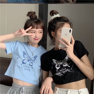 Jeanshop เสื้อครอปลายผีเสื้อ ครอปหญิง น่ารักสุด แมทช์ทุกลุค มี 3 สี m81