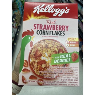 Kellogg ‘s Real Strawberry Corn Flakes Breakfast Cereal With Dried Strawberry &amp; Strawberry Puree 180 G. อาหารเช้าซีเรียลธัญพืช แผ่นแป้งข้าวโพดอบกรอบ ผสม สตรอเบอร์รี่ อบแห้ง และ สตรอเบอร์รี่ บด ( ตรา เคลล็อกส์ คอร์นเฟลกส์ คอร์นเฟลกส์ สตรอเบอร์รี่ )