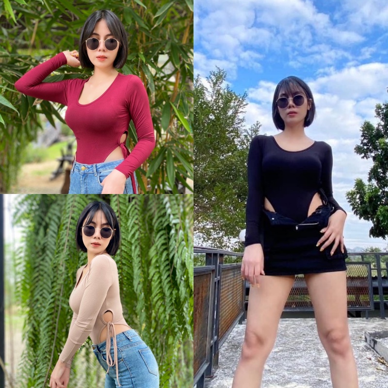 🌈SpinnyHouse🌈 บอดี้สูทคอกลม แขนยาวเว้าเอวสูง !!งานตามหา!! เว้าเอวสูง เชือกผูก แซ่บมากแม่ พริกทั้งสวน