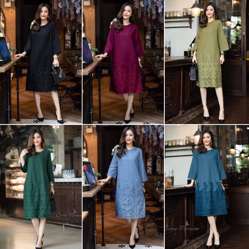 P8861 เดรสลินินผสมผ้าฝ้าย เนื้อผ้าขึ้นลายผ้าสวย ดีเทลตอกมุกรอบคอ งานปักผสมลูกไม้ลงไปลาย อก 44 ยาว 43