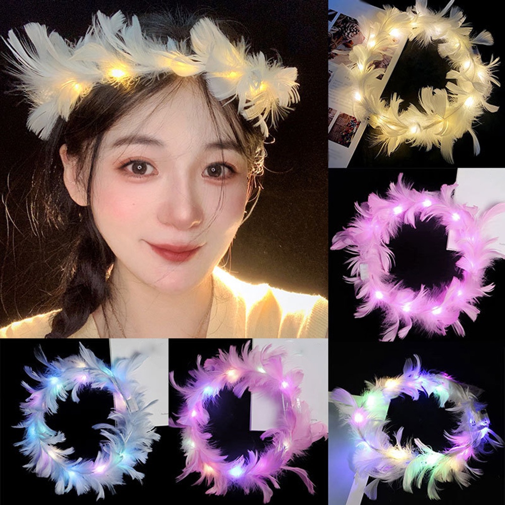 （คลังสินค้าไทย）พวงหรีดขนนกเรืองแสง LED ที่คาดผมวันเกิดของเด็กผู้หญิงชุดแต่งงานเทศกาลปาร์ตี้ Headwear