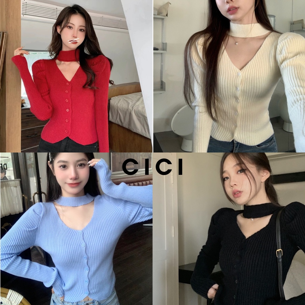 ส่งทันที Cici(NO. 25060)เสื้อไหมพรมแขนยาว คอวีกระดุมหน้า แต่งสายคล้องคอ ดีเทลไหล่พองดูสเน่ท์ราศีมาก