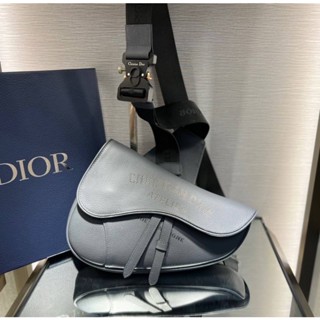 NEW CHRISTIAN DIOR DARK GRAY GRAINED CALFSKIN WITH ATELIER SIGNATURE SADDLE BAG