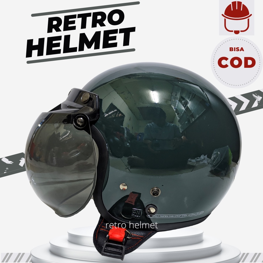 Bogo หมวกกันน็อคผู้ใหญ่หญิงผู้ชาย Retro Classic Plain Hijab แบนแก้วนูนเต็มคอ Army Glossy SNI Premium