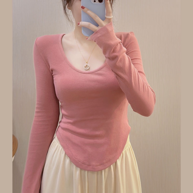 เสื้อยืดแขนยาว ผ้ากํามะหยี่ คอยู สีชมพู สไตล์เยอรมัน สําหรับผู้หญิง
