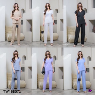 J16857 Set #สาวอวบ 2ชิ้น เสื้อคอวี ไหล่ล้ำ + กางเกงขายาว Set #Chubby girl 2 pieces. V-neck top, shoulder + trousers.