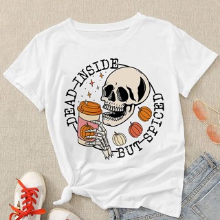 Top Unique Design Ladies Clothing T Shirt Ladies Fashion White Short Sleeve Halloween Trendy Graphic T-shirt O Neck Comf