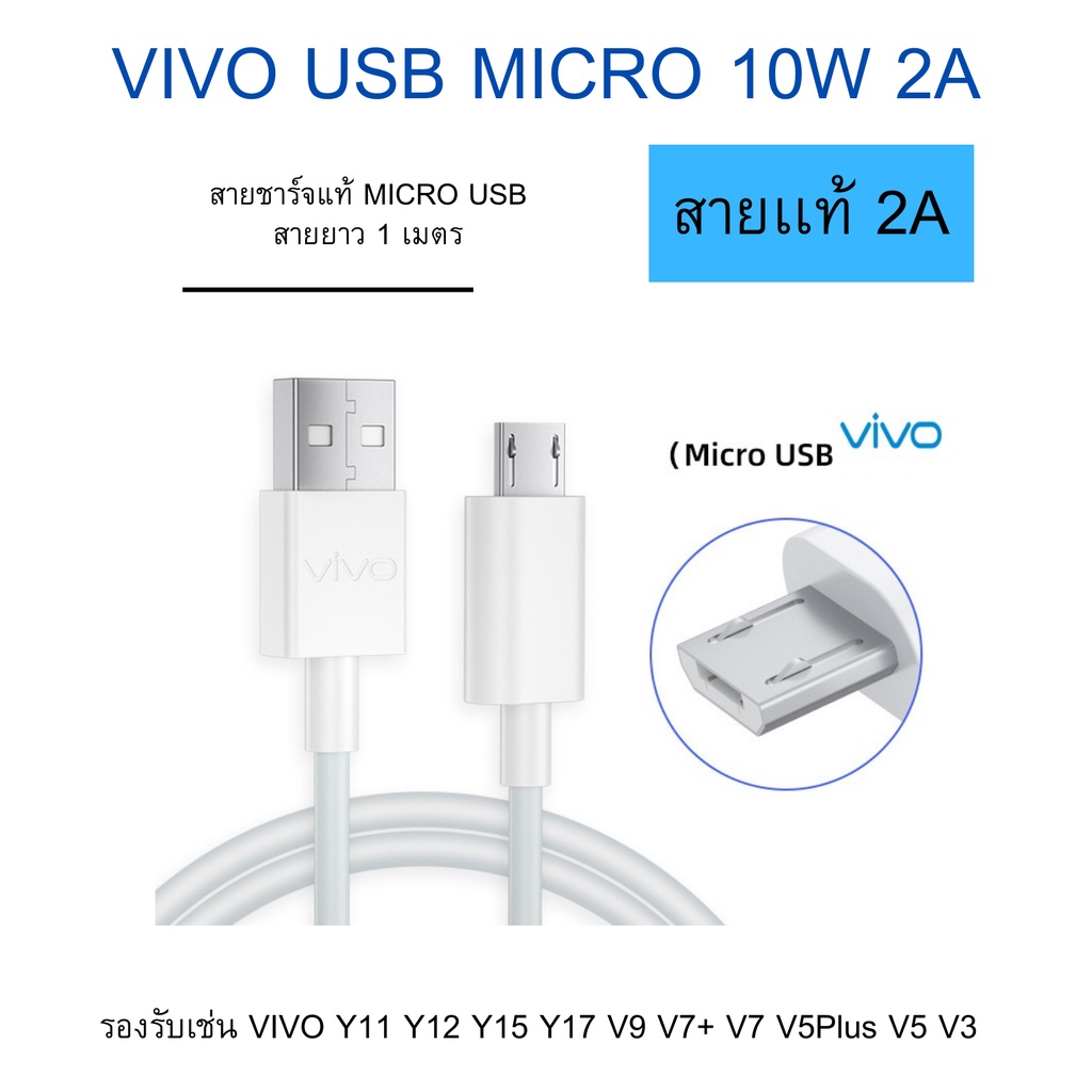 สายชาร์จแท้ สายชาร์จด่วน สายชาร์จเร็ว Micro USB VIVO ใชได้เช่นรุ่น Y11 Y12 Y15 Y17  V15,V11,V11i,V7,V7+,V9,Y1S V15,V11,V