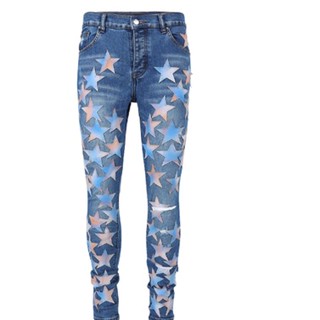 OFF AMIRI Leather Patchwork Knee Knife Ripped Jeans Mens Retro Distressed Slim Fit Skinny Pants