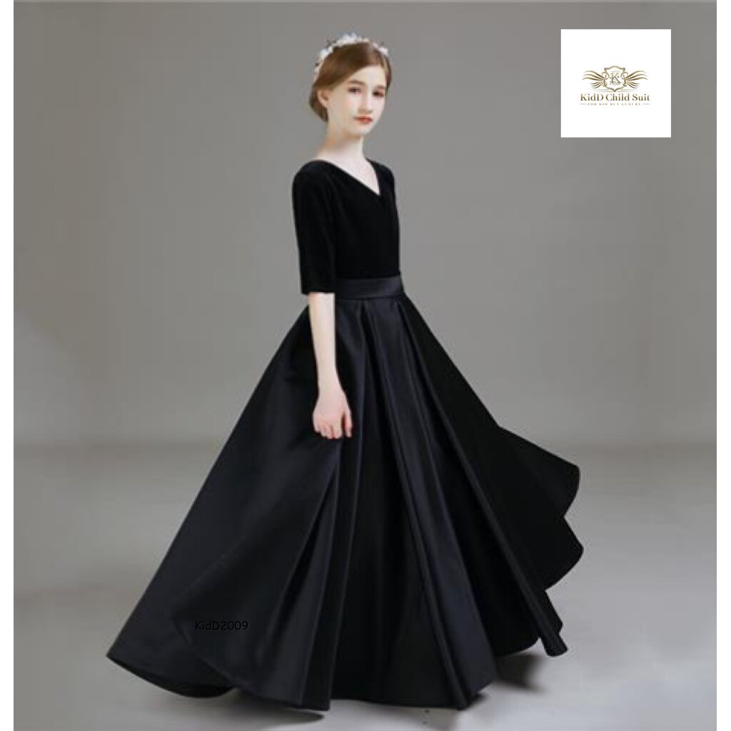 Black Dress Girls เซท 2 ชิ้น เดรส ชุดกระโปรงยาวสีดำ+ที่คาดผมคละแบบ เรียบหรู ชุดเดรสดำ เสื้อกำมะหยี่ ชุดกระโปรงสีดำ เด...