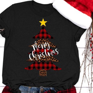 เสื้อยืดคริสต์มาส Plaid Christmas Tree   Short Sleeve O Neck Tshirt  Tee  Tops Women xmas