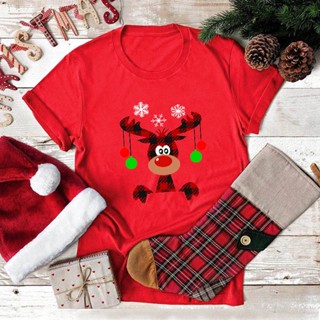 Cartoon Christmas Deer Women T Shirt Cotton Short Sleeve Casual TShirts Tops Basic Teesเสื้อยืดผู้หญิง