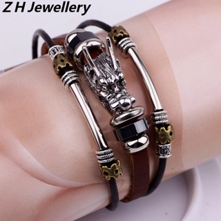 [Z H Jewelry] สร้อยข้อมือหนัง สเตนเลส รูปมังกร สไตล์ฮิปฮอป ร็อค เรโทร เครื่องประดับแฟชั่น สําหรับผู้ชาย