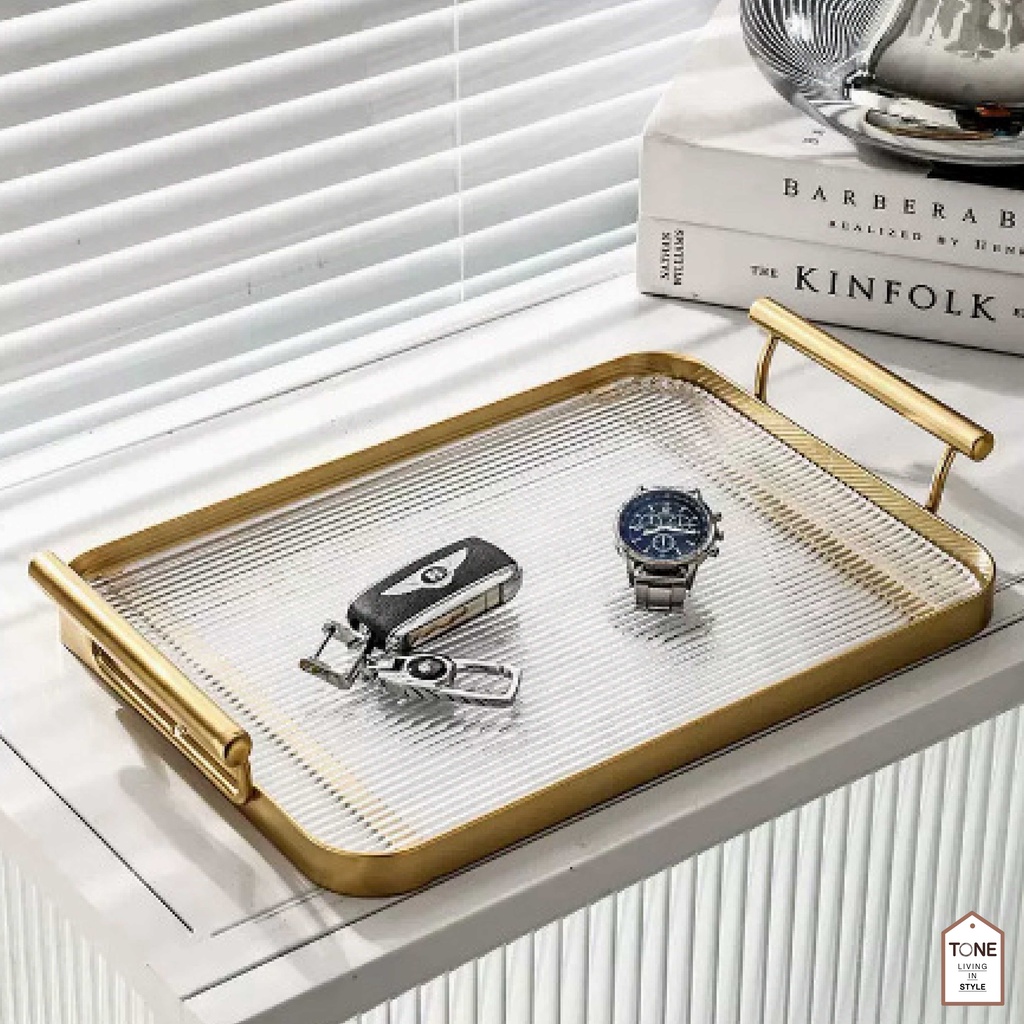 ถาดสีทอง ตกแต่งบ้าน (MH_145) วางของ เครื่องประดับ สวยหรู ที่จับทอง Nordic Style Plastic Tray