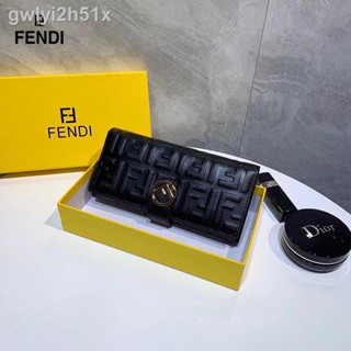 ▤✈♈Fendi Leather Metal Logo Long Wallet Retro All-match Handbag (with Box)