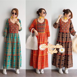 Maxi Dress Bohemian ชุดเดรสอินเดียสไตล์โบฮีเมียน ผ้าสปันพิมพ์ลายบาโลคแต่งปักลายตรงอก