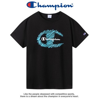 Champion เสื้อยืดแขนสั้น ผ้าฝ้าย พิมพ์ลายโลโก้ ทรงหลวม ใส่สบาย สําหรับผู้ชาย และผู้หญิง