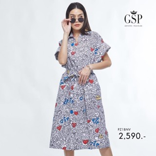 GSP ชุดเดรส Dress เดรสเชิ้ตผ้าคอตตอน แขนสั้น มีผ้าผูกเอว ลายพิมพ์ Vacay Vibes (PZ1BNV)