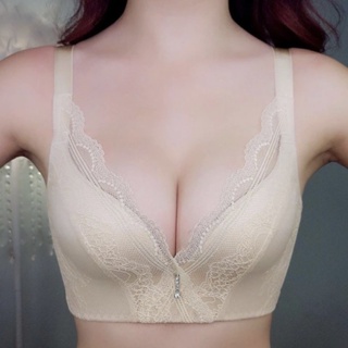 ✨NEW✨ ชุดชั้นใน ลูกไม้ Bra ไร้โครง บรา ดันทรง สีครีม สีเนื้อ B70 32/70