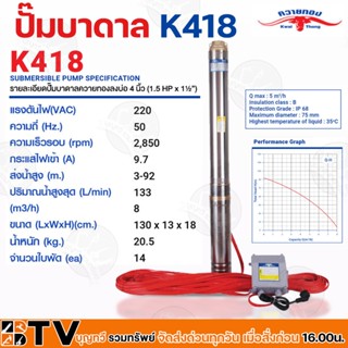 ควายทอง ปั๊มบาดาลควายทอง รุ่น K418 ปั๊มซับเมอร์ส (ปั๊มบาดาล) ควายทอง ลงบ่อ 4 นิ้ว (1.5 แรง x ทางออก 1 1/2นิ้ว )