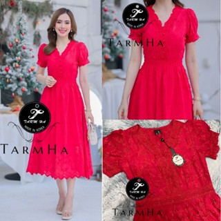 3Dเดรสเพื่อนเจ้าสาว!!! S-6XL Dress เดรสสีแดงปักดอกไม้3มิติแขนพอง งานป้าย Tarm Ha