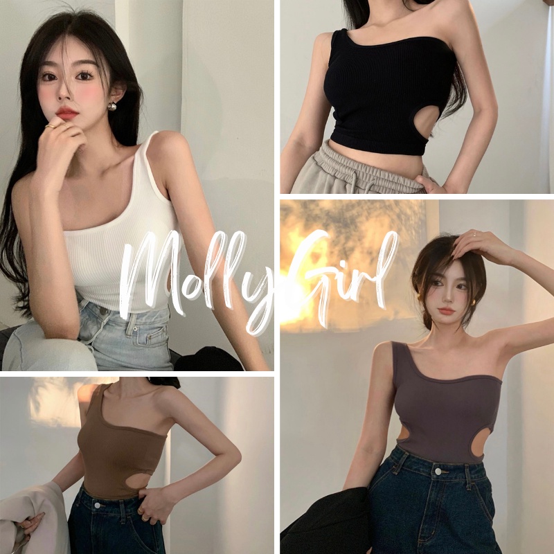 Mollygirl เสื้อสายเดี่ยวไหมพรมไขว้ข้างเว้าเอว เสื้อสายเดี่ยว
