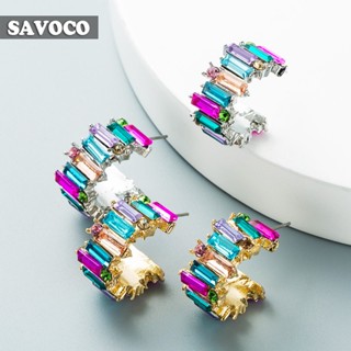 Savoco ต่างหูสตั๊ด โลหะผสม ฝังพลอยเทียม อะคริลิค รูปตัว C สีเรียบง่าย เครื่องประดับผู้หญิง ของขวัญ SE015