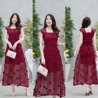hbstation.shop เสื้อผ้าแฟชั่น Maxi Dress สีแดง พร้อมส่ง