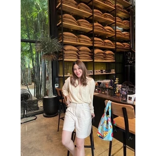 กางเกงขา2ส่วนผ้าลินินคอทต้อนทรงสวยเอวสูงตะขอหน้ามีกระเป๋าS-3XL✅