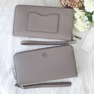 🎀(สด-ผ่อน) กระเป๋าสตางค์ ใบยาวซิปรอบ สีเทา มีสายคล้องมือ 74179 Tory Burch Saffiano Long Wallets