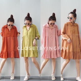 mini dress shirt เดรสสั้น คอเชิ้ตแขนยาว เดรสเกาหลี ทรงสวย เดรสแต่งระบาย พรางหุ่น สาวอวบใส่ได้