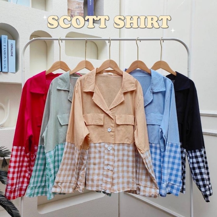 𝗦𝗖𝗢𝗧𝗧 𝗦𝗛𝗜𝗥𝗧 เชิ้ต Oversize สีพื้น แขนต่อลายสก็อต เนื้อผ้าลินินไม่หนาใส่สบาย