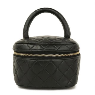 CHANEL Quilted Matelasse Lambskin Cosmetics Vanity Hand Bag Black