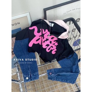 🇰🇷AVIVA - Jacket วอมฮู้ด แขนยีนส์ Black Pink