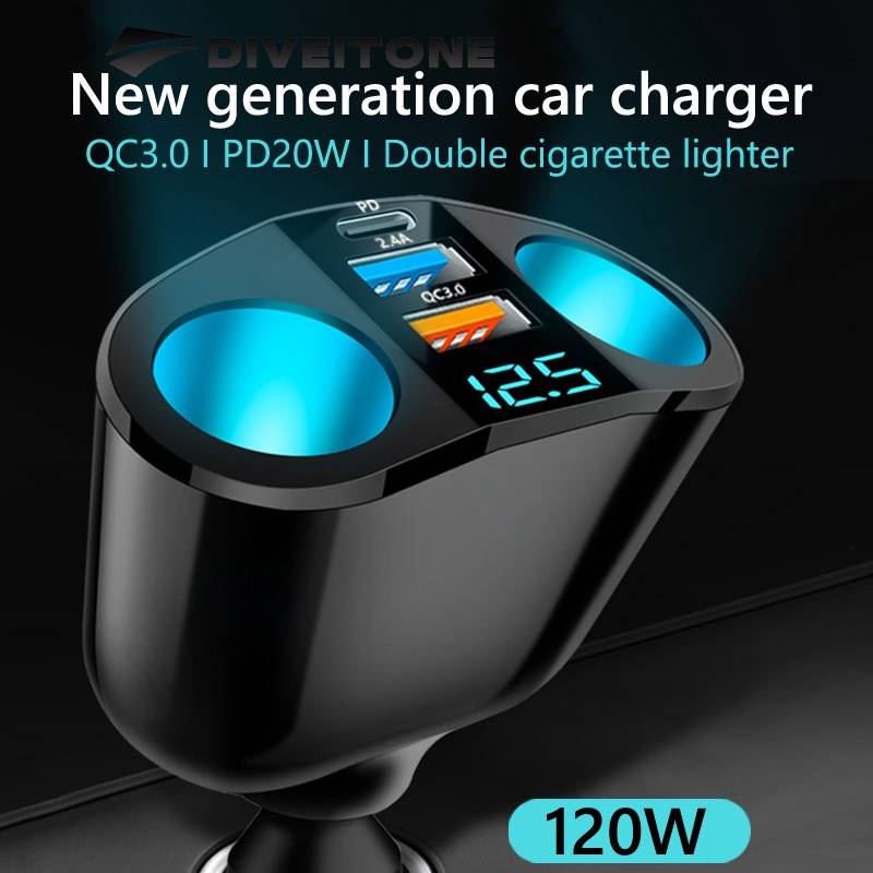DIVEITONE รถ ซ็อกเก็ตที่จุดบุหรี่ Splitter แสงบรรยากาศสีฟ้า PD QC3.0 2 เครื่องชาร์จ USB 5 พอร์ตสำหรับโทรศัพท์มือถือ DVR การชาร์จ