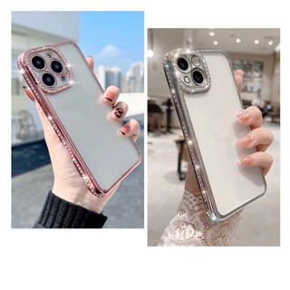 เคสไอโฟนหลังใสขอบชมพู/เงินประดับคริสตัล i7-14promax (Case iphone) เคสมือถือ เคสกากเพชร เคสหลังใส เคสเงิน เคสชมพู เคสไฮโซ