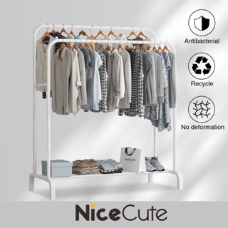 Nice Cute [สไตล์มินิมอล] ราวตาก ที่เเขวนผ้า มีชั้นวางของ บาร์คู่ โครงเหล็ก รับน้ำหนักได้ 20+kg