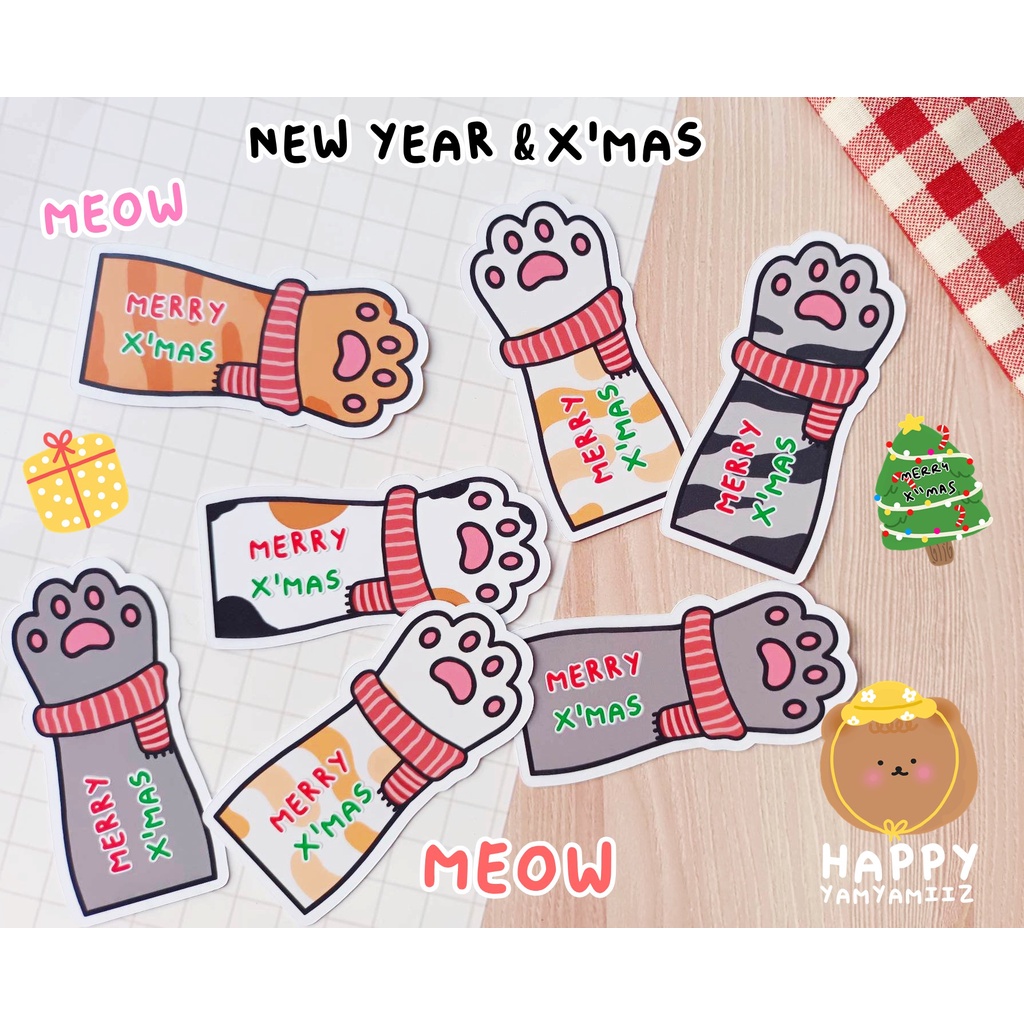 พร้อมส่ง แพ็ค 10 ชิ้น การ์ด / ป้ายแท็ก ไดคัทรูปเท้าน้องแมว คริสต์มาส & ปีใหม่ กันน้ำ ( ใบละ 1 บาท )