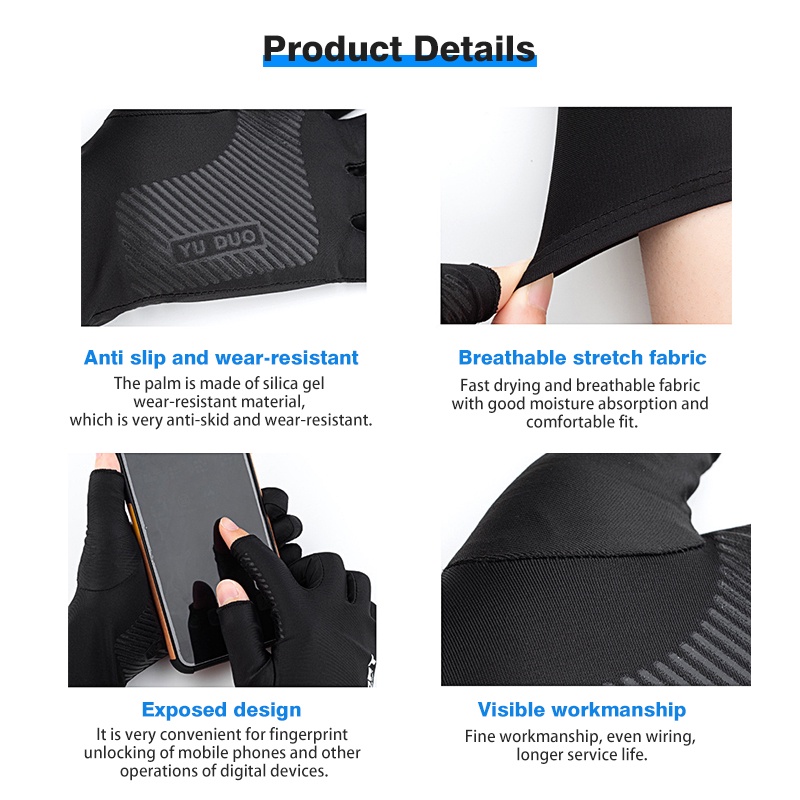 1คู่ ถุงมือมอเตอร์ไซค์ กันแดด ระบายอากาศ ครึ่งนิ้ว กันลื่น UPF50+ป้องกันรังสียูวี ปั่นจักรยาน ตกปล - 5