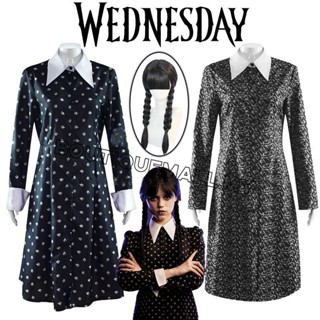 Wednesday Addams วิกผมคอสเพลย์ สีดํา พิมพ์ลาย สไตล์วินเทจ โกธิค สําหรับผู้หญิง ใส่ไปงานปาร์ตี้คริสต์มาส เทศกาล