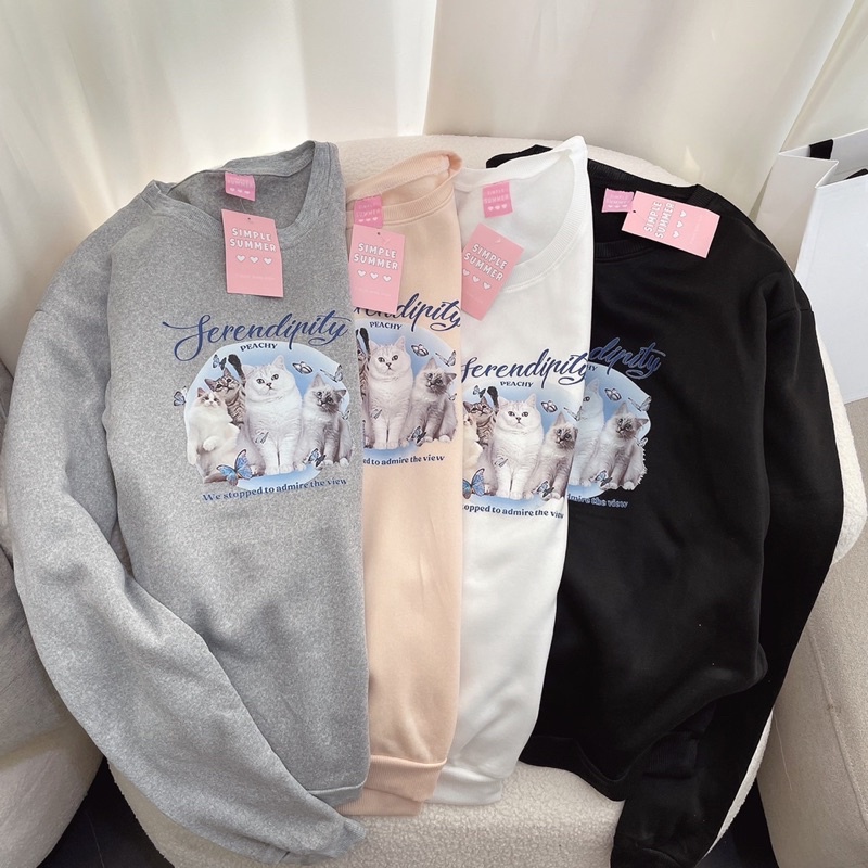 Sweater (S161) เสื้อแขนยาวผ้าสำลี มีกระเป๋าใช้ได้จริง เชือกอัดกาวเก็บปลาย สกรีนแมวผีเสื้อ serendipity