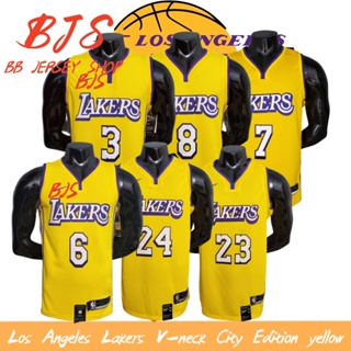 เสื้อกีฬาบาสเก็ตบอล คอวี ลายทีม Los Angeles Lakers NO.6JAMES สีเหลือง