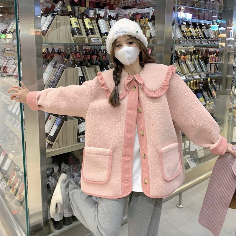 เสื้อโค้ทแขนยาว ผ้าแคชเมียร์ ทรงหลวม สีชมพู สีตัดกัน แฟชั่นฤดูใบไม้ร่วง และฤดูหนาว สําหรับเด็กผู้หญิง