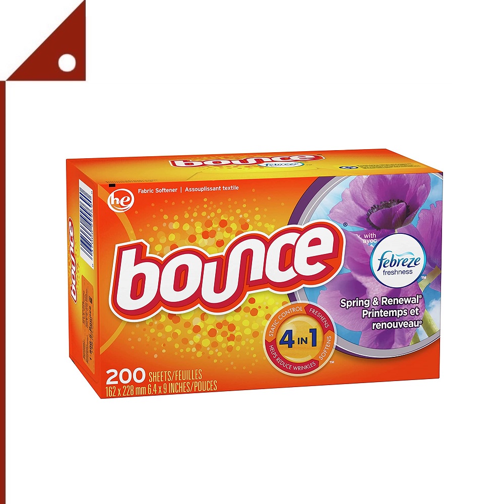 Bounce : BOU0003-200* แผ่นหอมปรับผ้านุ่ม แผ่นอบผ้า Febreze Scent Spring & Renewal Fabric Softener Dryer Sheets, 200-pie