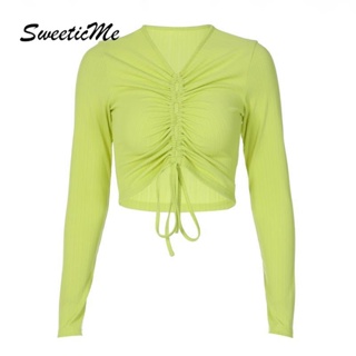 Sweeticme ใหม่ เสื้อยืดลําลอง แขนยาว เข้ารูป สีพื้น แฟชั่นสําหรับสตรี 2022