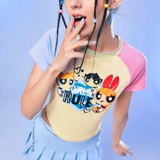 เสื้อครอป powerpuff girls งานแท้ เป็นงานคอลแลบน้า บลอคสี น่ารักมาก แฟชั่นy2k